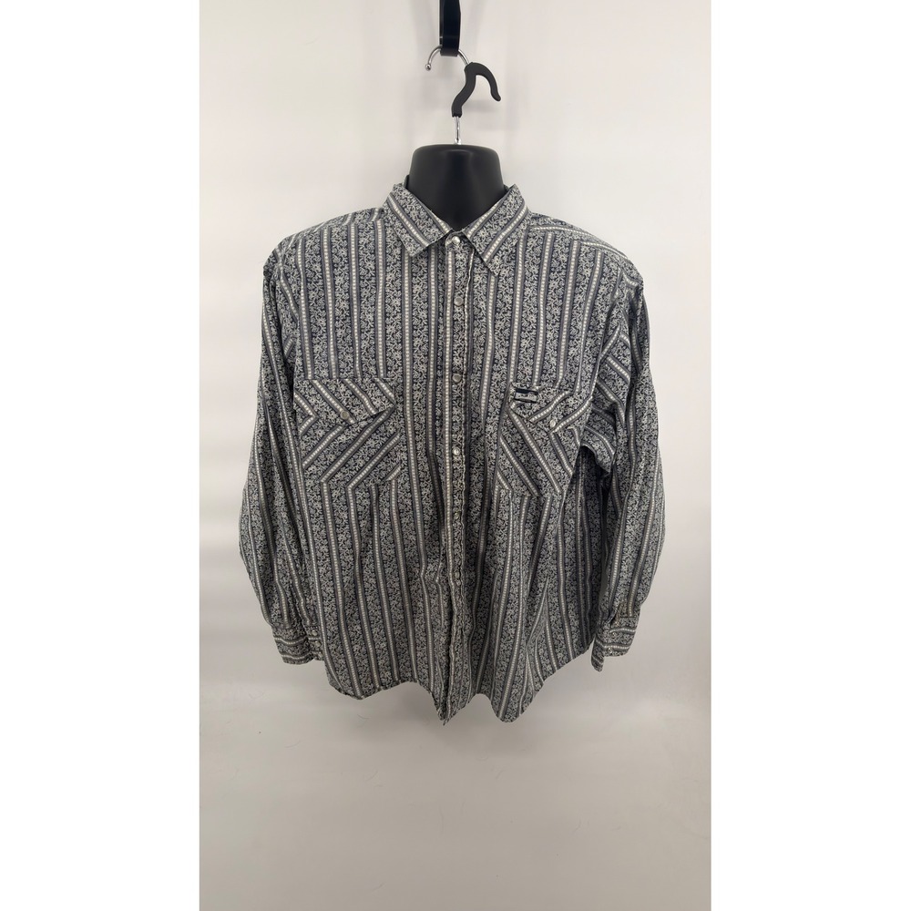 Cowboy Hardware Mens XL Western Shirt Blue Floral Stripe Snap Long Sleeve Cotton